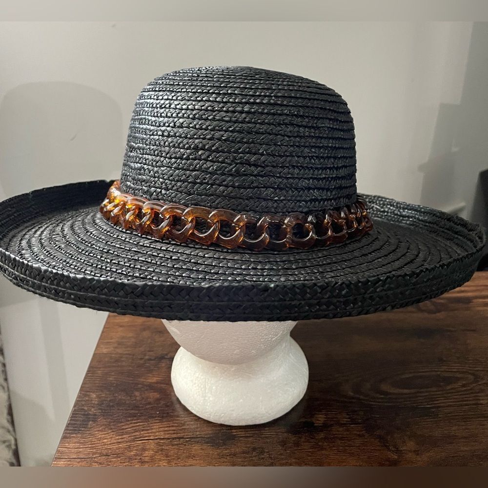 Vintage Straw Hat With Plastic Chain Hat Band Black